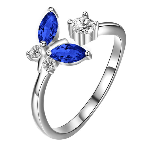 925 Sterling Silver Butterfly Ring with Blue Crystal