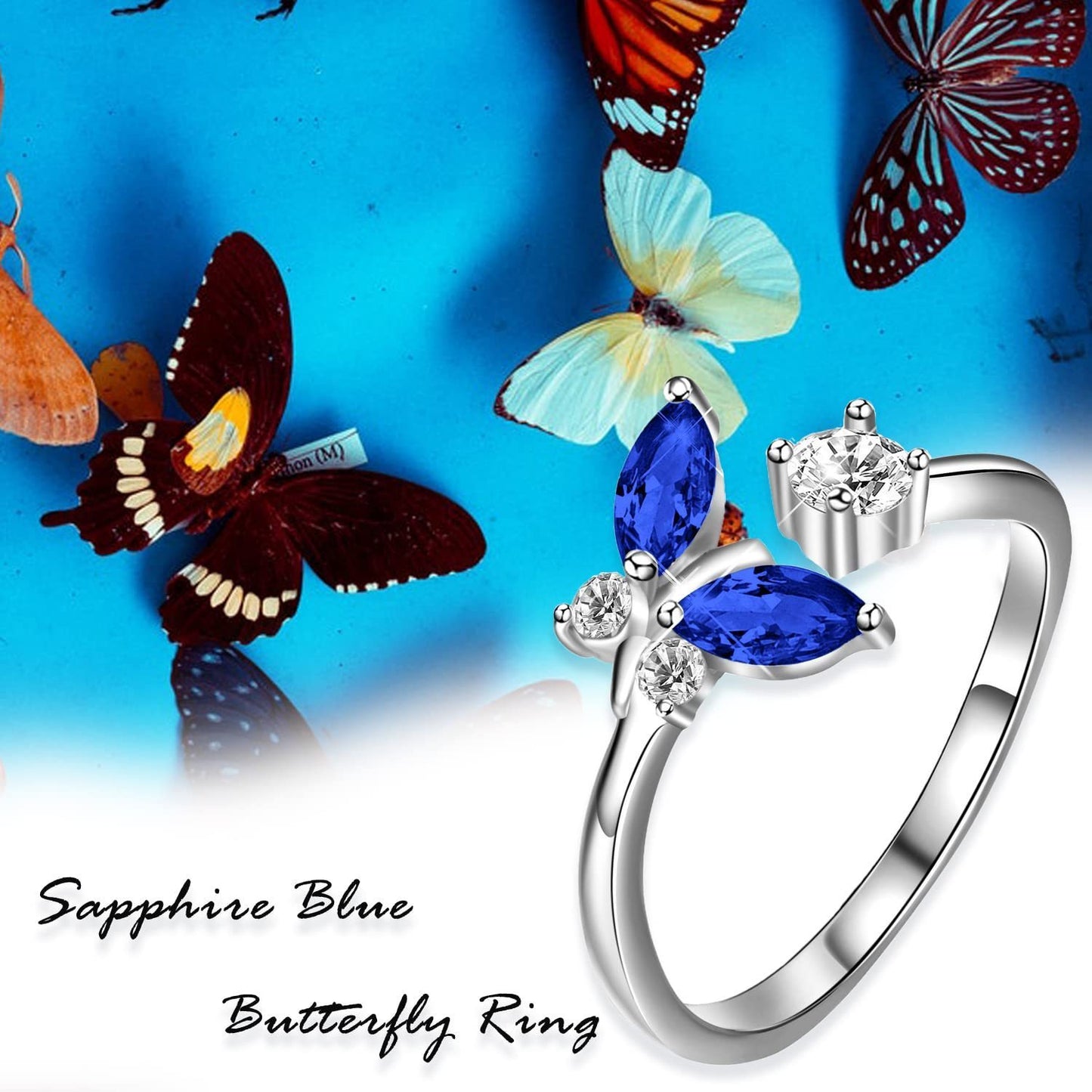 925 Sterling Silver Butterfly Ring with Blue Crystal